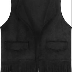 XL Kids Spring&Gege Kids Open Front Suede Fringe Vest 70s Faux Tassels Jacket Cardigan
