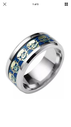 Blue Carbon Fiber skull silver Ring