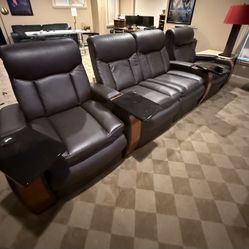 Seatcraft Power Reclining 4-Seat Home Theater Row Leather, Tray Tables, LED Controls, Hidden Storage