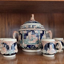 German Stoneware Punch bowl And Mugs