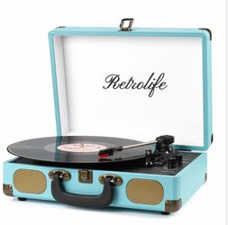 Retrolife Record Player, 3-Speed Bluetooth Suitcase Vinyl Player - Blue