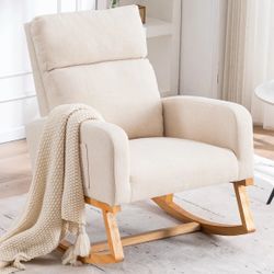 Beige Upholstered Rocking Chair with Wood Base