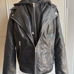 Faux Leather Sweatshirt Hoodie Jacket 