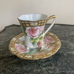 Nippon Hand Painted Teacup and Saucer Floral Delicate Bone China