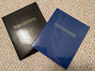 2 New Georgian Court University logo pocket folders. Black & blue