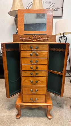 Oak Standing Jewelry Armoire with Flip-Top Mirror