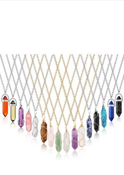 Sureio 18 Pcs Healing Crystal Stone Necklaces Hexagonal Gemstone Pendant Necklace Full Wire Wrap Crystal Necklace Spiritual Jewelry Amethyst with Silv