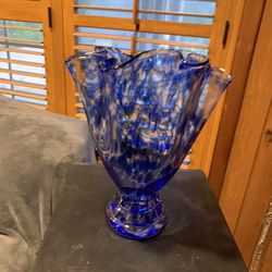 Cobalt and Clear Confetti Ribbon Vase 12 Inches Tall