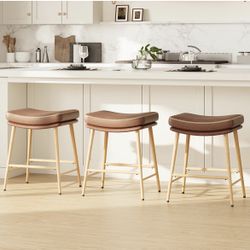 Bar Stools Set of 3, Counter Height Bar Stools with Thick PU Leather Saddle Seat - New In Box
