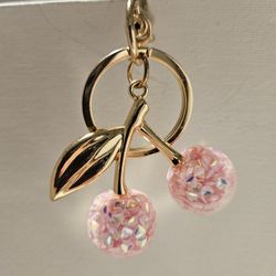 Pink Confetti Cherries Bag Charm With Gold Hardware 