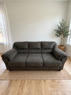 Blue Gray Microfiber 3-Seat Sofa with Nailhead Trim
