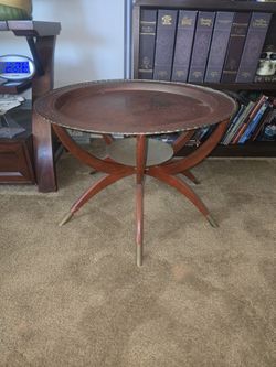 Vintage Mid-Century Brass Tray Table with Folding Wooden Base