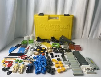 Vintage Fisher Price Construx Building Toys Yellow Storage Case 4+ Lbs 184 Pieces (Rare Collectors Items!)