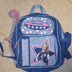 Barbie Backpack Blue Pockets Zipper Pink Pom Pom