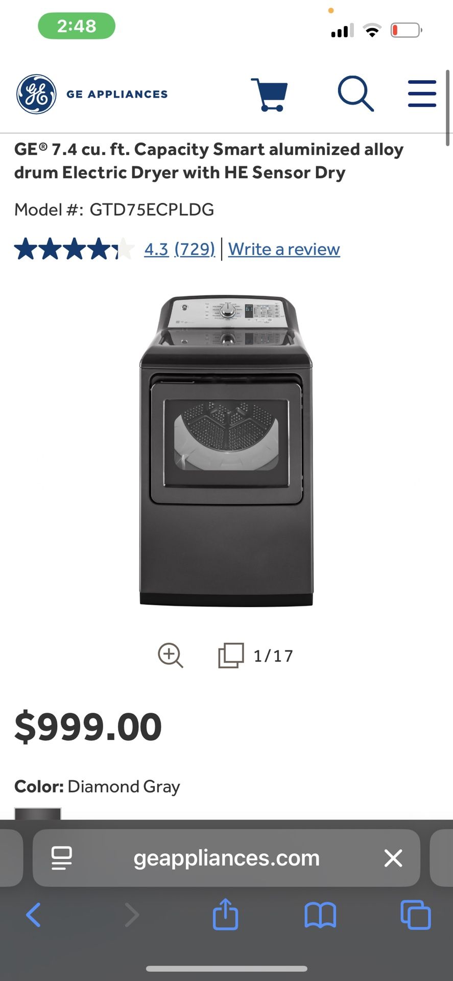 GE 7.4 Cubic Feet Smart Dryer (Bremerton, Wa)
