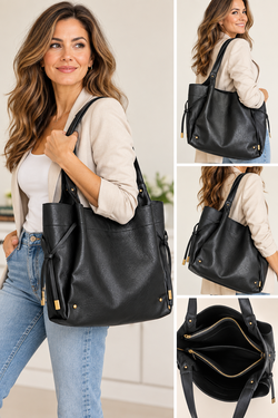 Large black shoulder bag with a classic, versatile design and lots of storage.