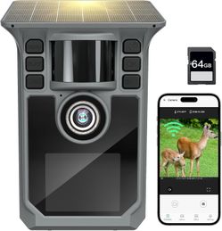 Trail Camera 4K 64MP WiFi Solar Game Camera, 5000mAh Forever Power, 64GB Memory Card and Ip67 Waterproof Night Vision Trail Cam for Outdoor Wildlife D