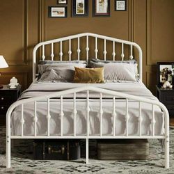 White Queen Size Metal Platform Bed Frame with Vintage Victorian Headboard & Footboard
