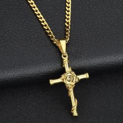 Crucifix Pendant Flower Chain New Gold 