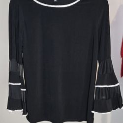 MSK Elegant Black Blouse with Sheer Sleeves and White Accents Size S