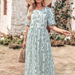 Floral Print Maxi Dress for Women Casual Short Sleeve Summer Dress Loose Fit Floral Dress  Size L  Brand new 