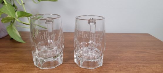 Vintage Etched Mini Beer Mugs / Shot Glasses - Mother & Father Set (Pair)