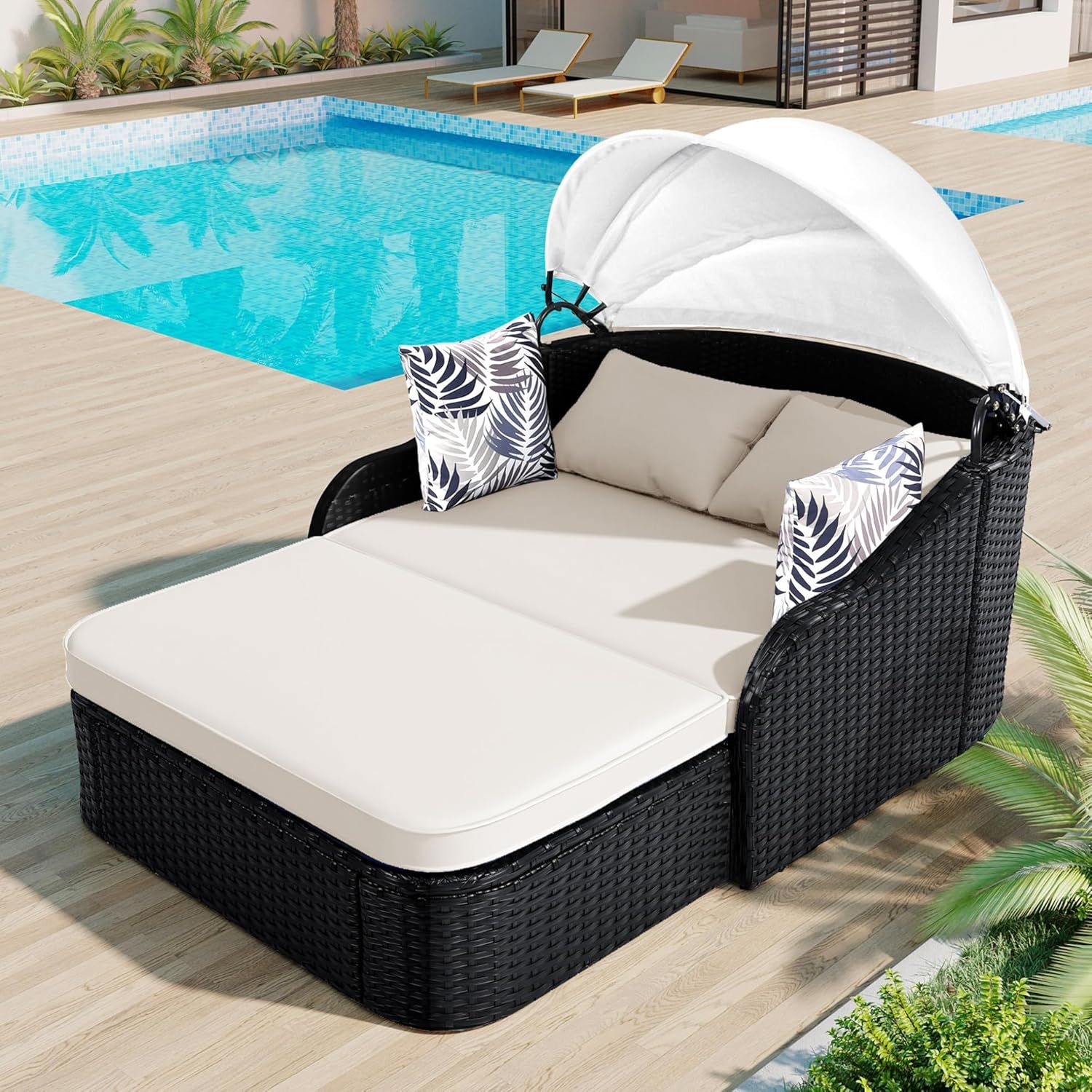 80" Outdoor Black Wicker Sunbed / Daybed / Chaiser Lounge w/ Adjustable Canopy  & Beige Cushions [NEW] **Assembly Req**