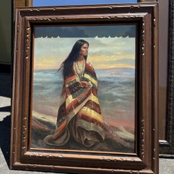 Gary Carlson Native American Woman Framed Canvas Art – 32x27.5” Southwest Western Decor