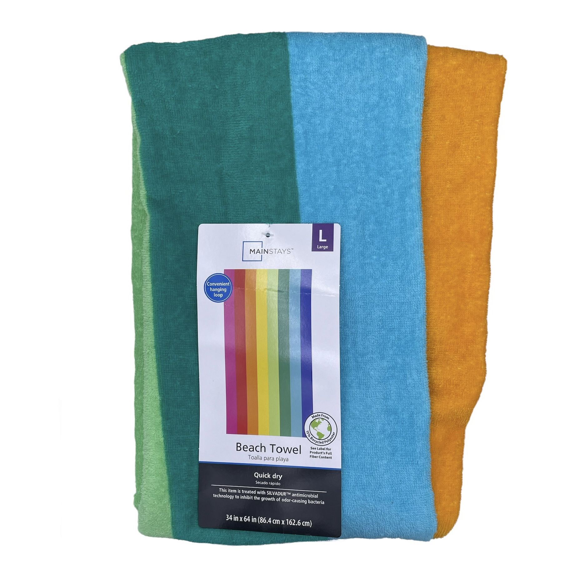 Large beach towel striped multicolor quick dry 34”x64” hanging loop 