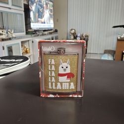 NEW " Fa La La Llama " Themed Stainless Steel 7 OZ Hip Flask - Glittery Gold Background W/White Llama Wearing A Red Flask