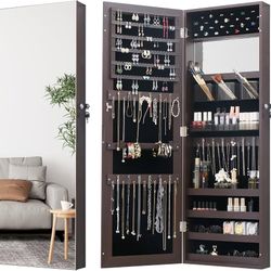 Full Length Mirror Jewelry Cabinet Organizer for Makeup and Jewelry, Lockable Door Wall-Mounted Jewelry Armoire with Shelves and Behind-the-Door Stora