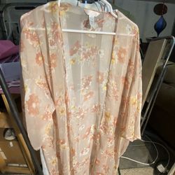 Sheer Floral Kimono Cardigan – Peach Pink Boho Lightweight Cover-Up, One Size