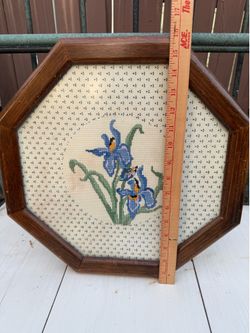 Vintage blue iris flower cross-stitch embroidery framed