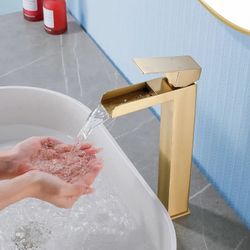 Waterfall Vessel Sink Faucet Single Handle Tall Bathroom Vanity Mixer Black, And Gold  F44 Bl  