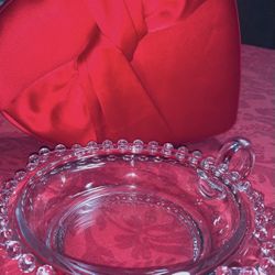 HEART SHAPED CANDLEWICK CLEAR CRYSTAL by IMPERIAL GLASS OHIO 8” HEART SHAPE w/ HANDLE 7 “ ROUND MATCHING BOWL
