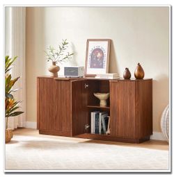 Walnut Sideboard Cabinet with 4 Fluted Doors