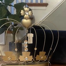 Gold metal crown wall decor or tabletop decoration with rhinestone and glitter accents.  Like new