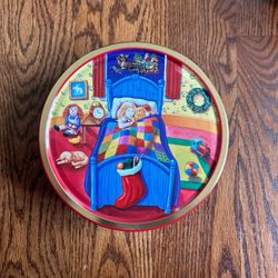 Vintage Danish, Butter, Cookies, Christmas Scene Little Girl With Teddy Bear In Bed Tin Container 7 1/2 Inches Round