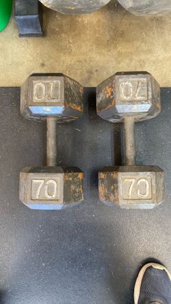 Pair of 70lb steel hex dumbbells $140