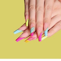 Professional Rainbow Painted Ballerina Coffin Press On Nails Extra Long with Designs, Glossy Acrylic Fake Nail, Designed False Tips Manicure 24pcs for