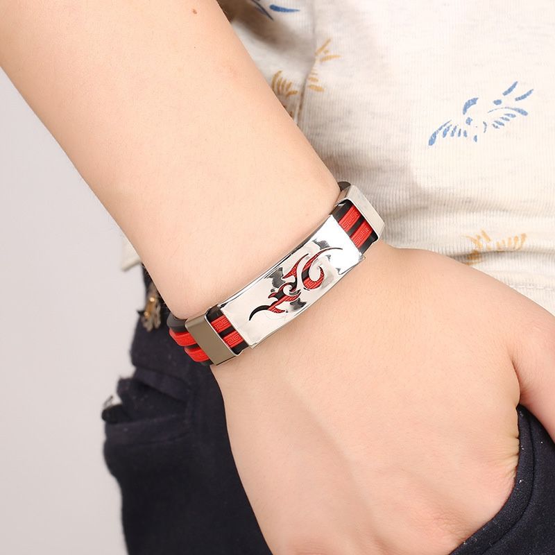 Stainless steel bracelets with flame pattern for men and women, adjustable rubber bracelet(RED)