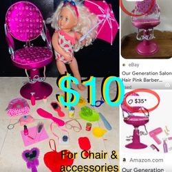 $10 Our Generation Sitting Pretty Salon Chair and accessories, Doll $5