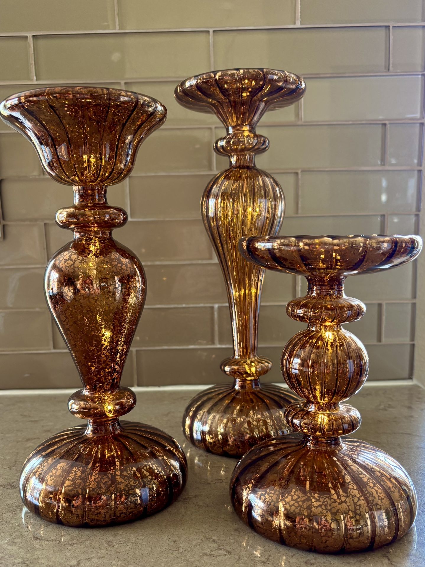 Set Of Three Mercury Glass Like Candlesticks