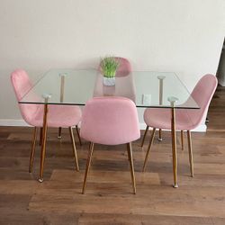 Pink Gold Glass Kitchen Table And 4 Velvet Chairs
