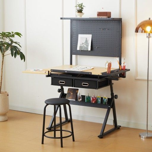 Drafting Table with Metal Peg Board Height Adjustable 0-70° Tilting Tabletop Art Desk for Adults Comes with Side Tray and 2 Storage Drawers