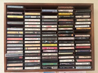 Large Lot of Cassette Tapes in Wood Display Rack( Not Free Best offer)