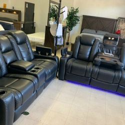 🍂$39 Down Payment 🍂Party Time Midnight LED Power Reclining Living Room Set with Adjustable Headrest