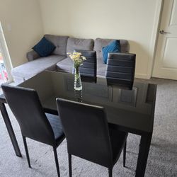 Asofer Glass Dining Room Table Sets for 4, Kitchen Table with PU Chair, Modern Room Sets for Home, Black