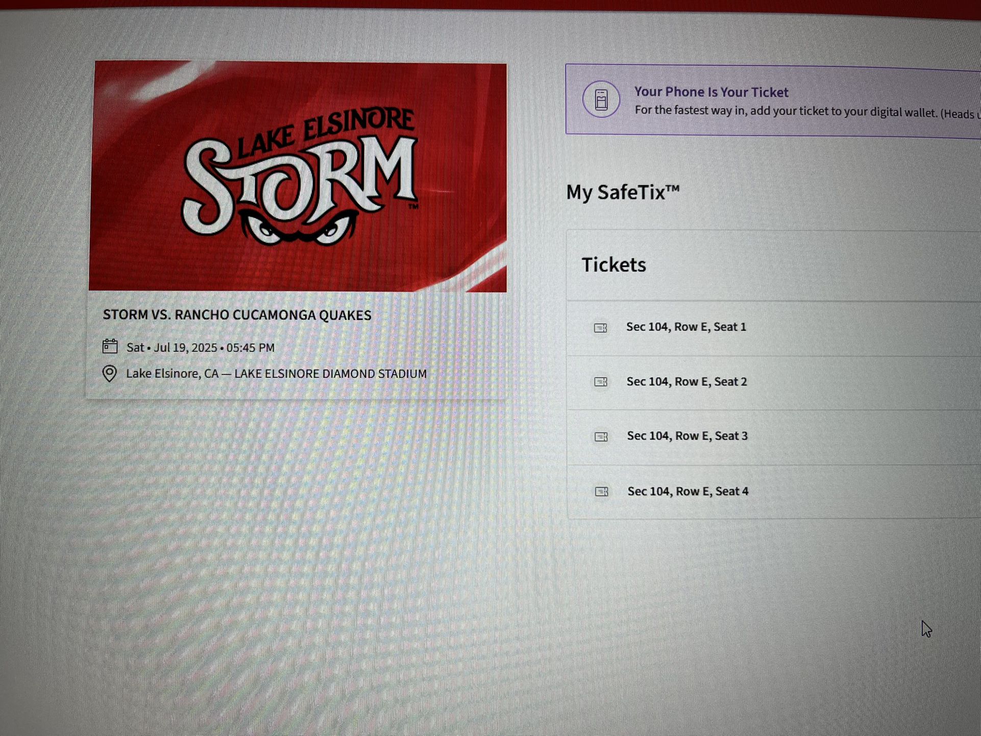 Lake Elsinore Storm vs. Rancho Quakes Baseball Tickets