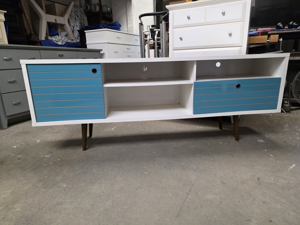Mid Century Modern Style White / Blue TV Cabinet